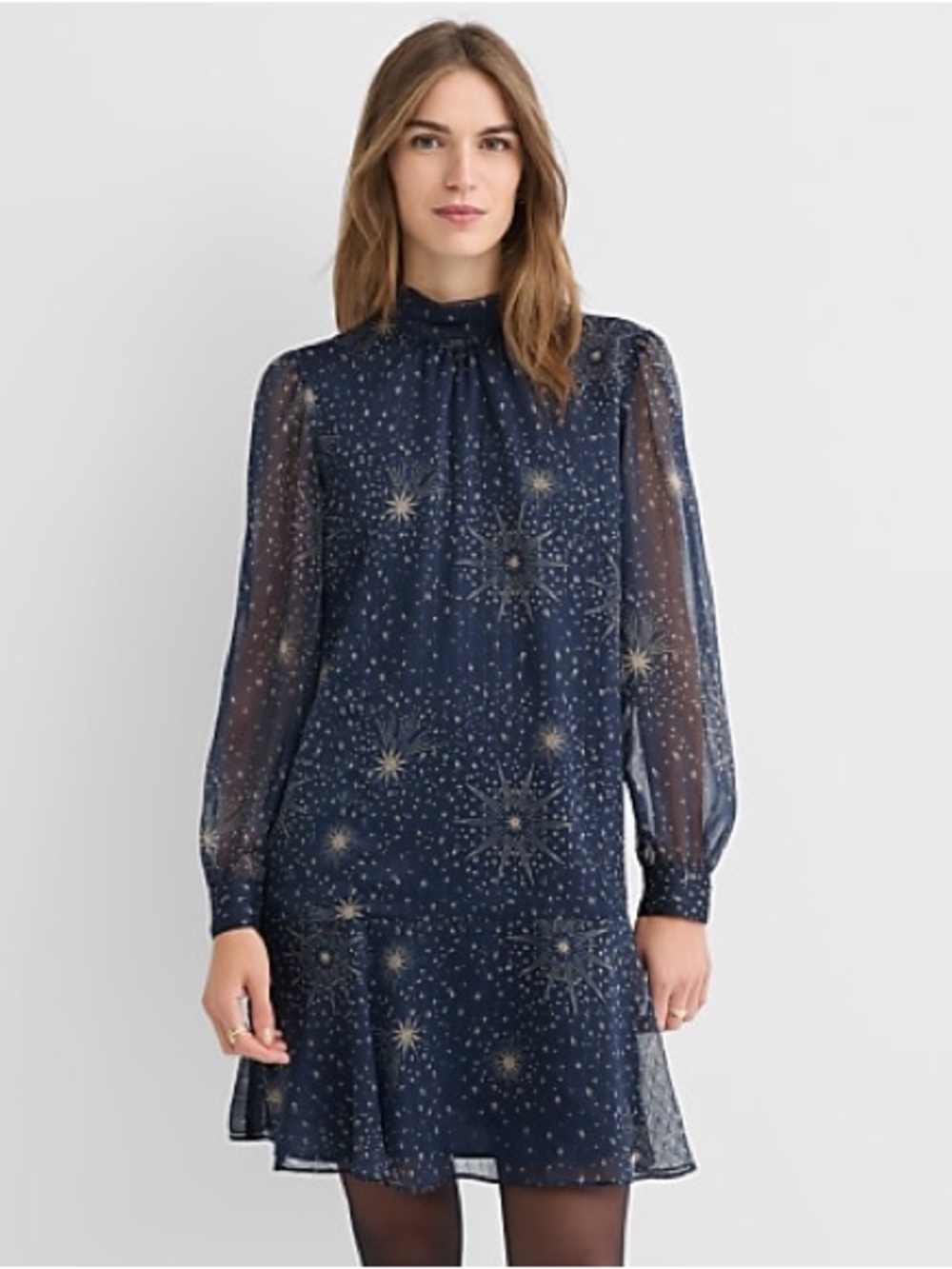 LOFT Tall Shimmer Stripe Tie Neck Mini Flounce Dress in Deep Space Blue
